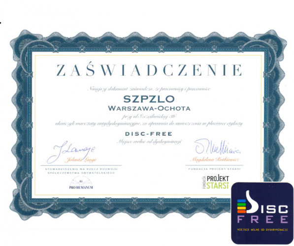 certyfikat Disc Free - Miejsce wolne od dyskryminacji dla SZPZLO Warszawa-Ochota
