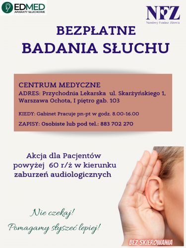 Bezpłatne badania słuchu w Przychodni ul. Skarżyńskiego 1