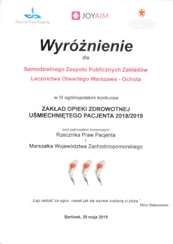 Wyróżnienie dla SZPZLO Warszawa-Ochota w Ogolnopolskim Konkurskie na Zakład Opieki Zdrowotnej Uśmiechniętego Pacjenta