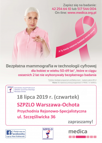 Bezpłatne badanie mammograficzne- Przychodnia Rejonowo-Specjalistyczna ul. Szczęśliwicka 36, Warszawa