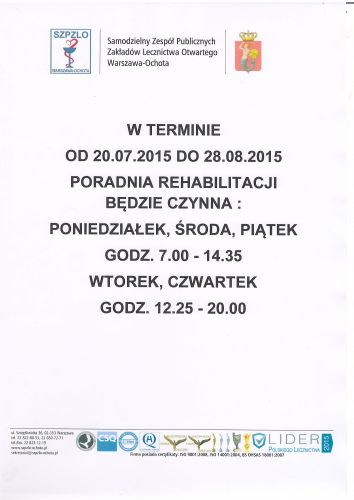 Godziny pracy Poradni Rehabilitacji