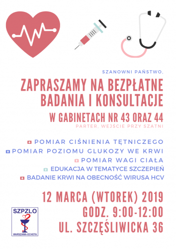 Bezpłatne badania profilaktyczne i konsultacje 12 marca (wtorek) 2019 r. w godzinach 9:00-12:00