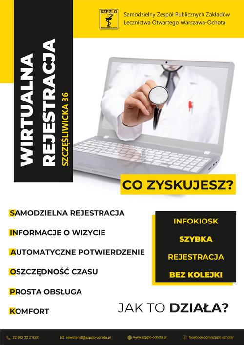 wirtualna rejestracja szpzlo warszawa ochota plakat informacyjny grafika laptop z ekranu wyciągnięta ręka lekarza ze stetoskopem w dłoni 