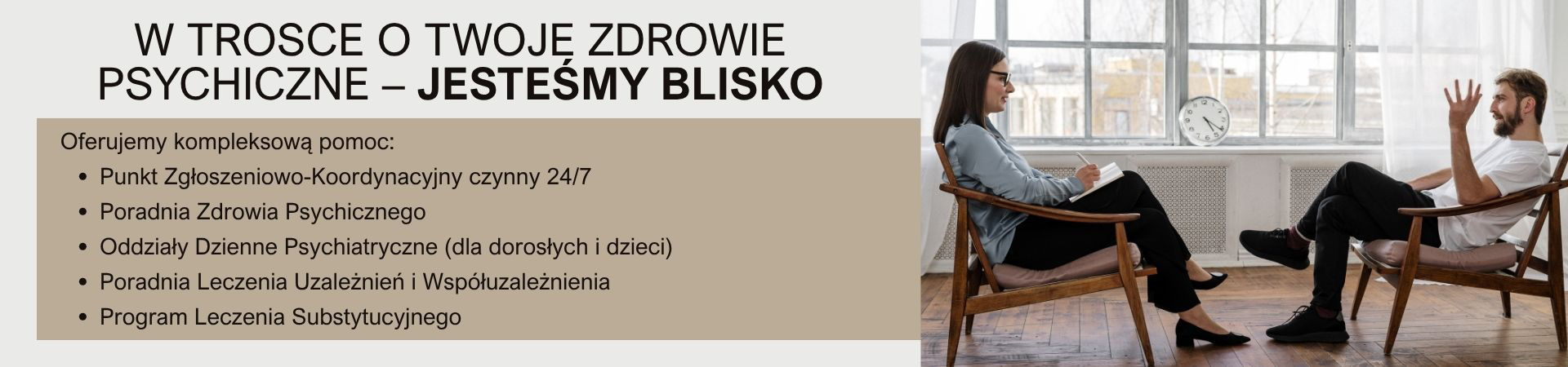 Slajd promujący SZPZLO Warszawa-Ochota – informacja o dostępnych poradniach leczenia zdrowia psychicznego. Zakres pomocy obejmuje punkt zgłoszeniowo koordynacyjny czynny całą dobę, poradnię zdrowia psychicznego, oddziały dzienne psychiatryczne dla dorosły